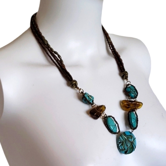 Antique Beautiful Turquoise & Brown Stone Wrapped Gold Tone Wires & Beaded - Picture 2 of 14